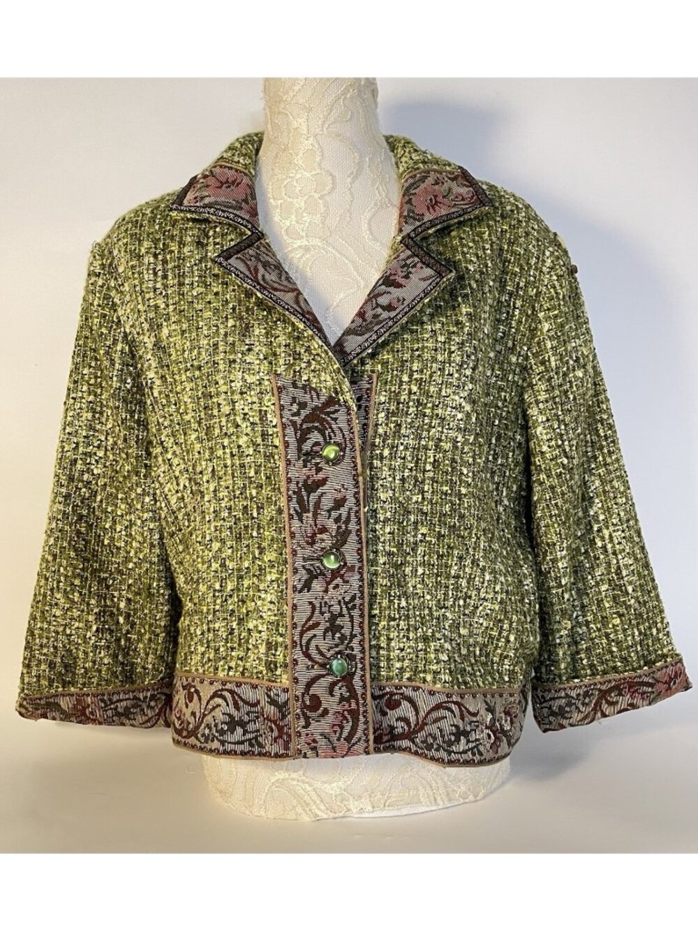 Green Textured Graffwear by UM Co Brocade Trim Jacket XL Crop 3/4 Sleeve Boho